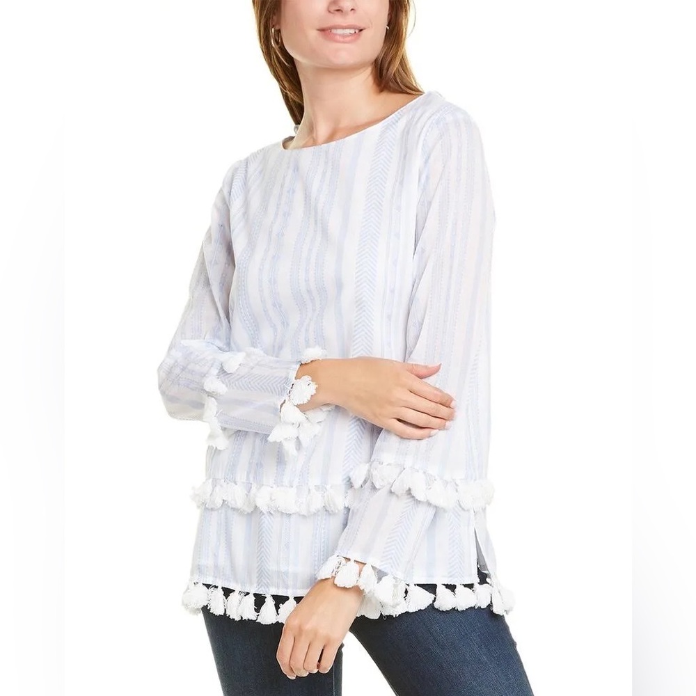 SAIL to SABLE white with blue stripes cotton blouse with pom poms  size Large